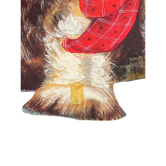 Vintage Eureka Holiday Puppy Dog Die Cut Double Sided Red Bow Hat Holly 15" - Picture 4 of 4